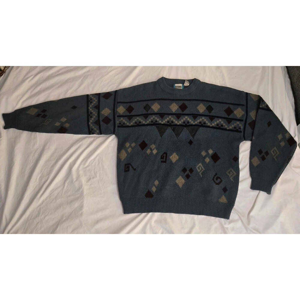 Vintage Gitano Geometirc Knit Sweater, 80s 90s Funky Argyle Design. Blue Size L